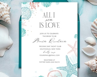 Convite para chá de panela na praia, tema praia, chá de panela com tema oceano, chá de panela estrela do mar, coral e turquesa, convite para impressão, modelo