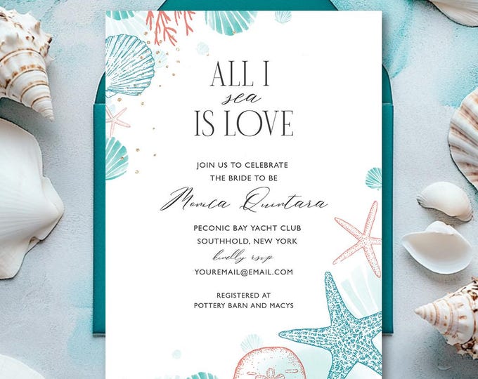 Editable Beach Theme Bridal Shower Invitation Sandy Toes and Salty