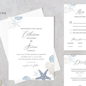 Invitación de boda de la playa, plantilla de invitación de la boda de la playa, invitación del tema de la playa, invitación de la boda náutica, océano, invitación de la concha de mar, imprimible