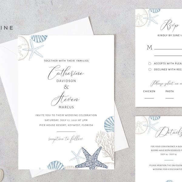 Beach Wedding Invitation, Beach Wedding Invitation Template, Beach Theme Invite, Nautical Wedding Invite, Ocean, Seashell Invite, Printable