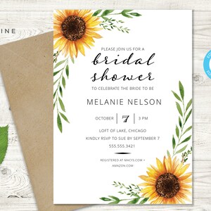 May include: A sunflower-themed bridal shower invitation with a watercolor design. The invitation features a sunflower with green leaves and the text "Please join us for a bridal shower to celebrate the bride to be Melanie Nelson. October 7, 3 PM. Loft of Lake, Chicago. Kindly RSVP to Sue by September 7, 555.555.3421. Registered at Macys.com - Amazon.com."