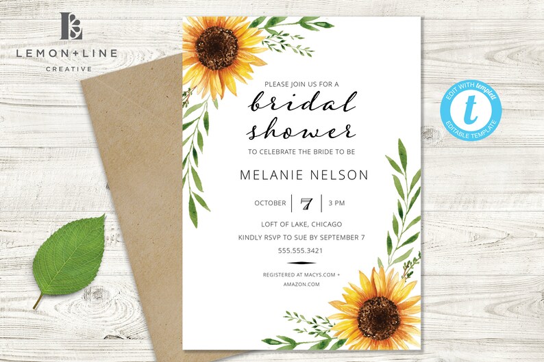 May include: A sunflower-themed bridal shower invitation with a watercolor design. The invitation features a sunflower with green leaves and the text "Please join us for a bridal shower to celebrate the bride to be Melanie Nelson. October 7, 3 PM. Loft of Lake, Chicago. Kindly RSVP to Sue by September 7, 555.555.3421. Registered at Macys.com - Amazon.com."