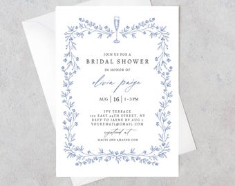 Modelo de convite para chá de panela azul editável: convite floral vintage, brunch e espumante para impressão, download instantâneo, convite azul empoeirado