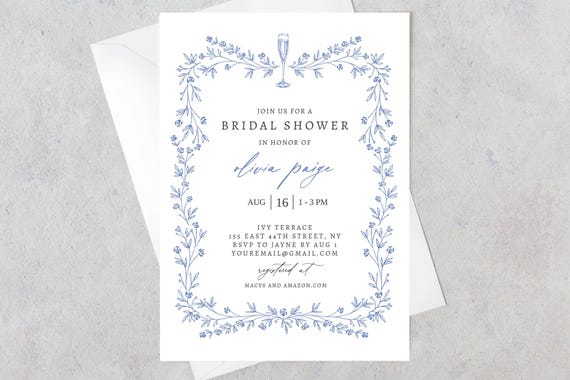Editable Blue Bridal Shower Invitation Template: Vintage Floral Invite, Brunch & Bubbly Printable, Instant Download, Dusty Blue Invite