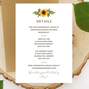 May include: Wedding details card with a sunflower illustration. The card lists hotel information for Deer Hill Inn and The Vermont House, with addresses and phone numbers. The text "More information can be found at: yourweddingwebsite.com" is also included.
