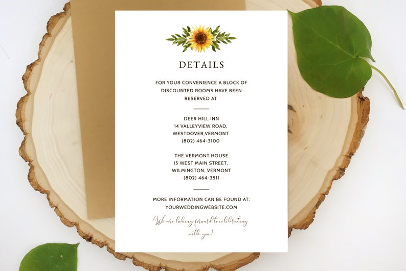 May include: Wedding details card with a sunflower illustration. The card lists hotel information for Deer Hill Inn and The Vermont House, with addresses and phone numbers. The text "More information can be found at: yourweddingwebsite.com" is also included.