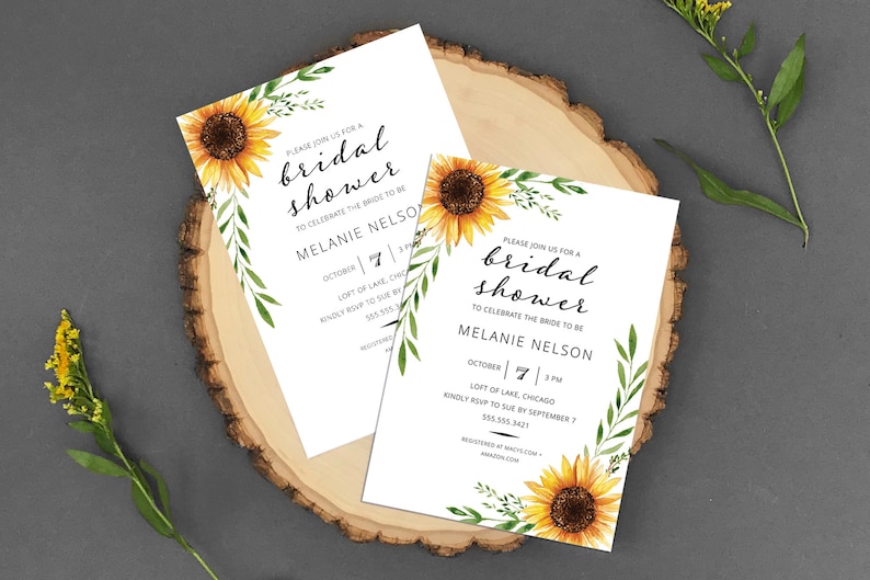 May include: Two white cards with black text and sunflower illustrations. The text reads "Please join us for a bridal shower to celebrate the bride to be Melanie Nelson. October 7, 3 PM. Loft of Lake Chicago. Kindly RSVP to Sue by September 7. 555.555.3421."