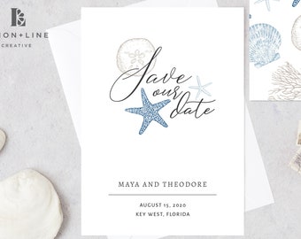 Convite para salvar a data na praia, Salvar a data para casamento na praia, modelo, convite para impressão, náutico, estrela do mar, concha, oceano, editável