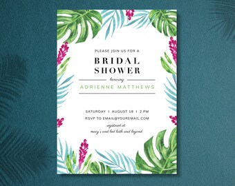 Convite para chá de panela em folha de palmeira, convite para chá tropical, tema tropical, para impressão, modelo, download instantâneo