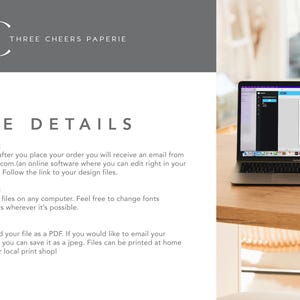 May include: A laptop screen shows a digital template for a wedding invitation. The template is white with black text that says "Your Wedding Day". The text is in a simple, elegant font. The laptop is on a wooden table. The text on the screen says "Edit with Templett Fully Editable Template".