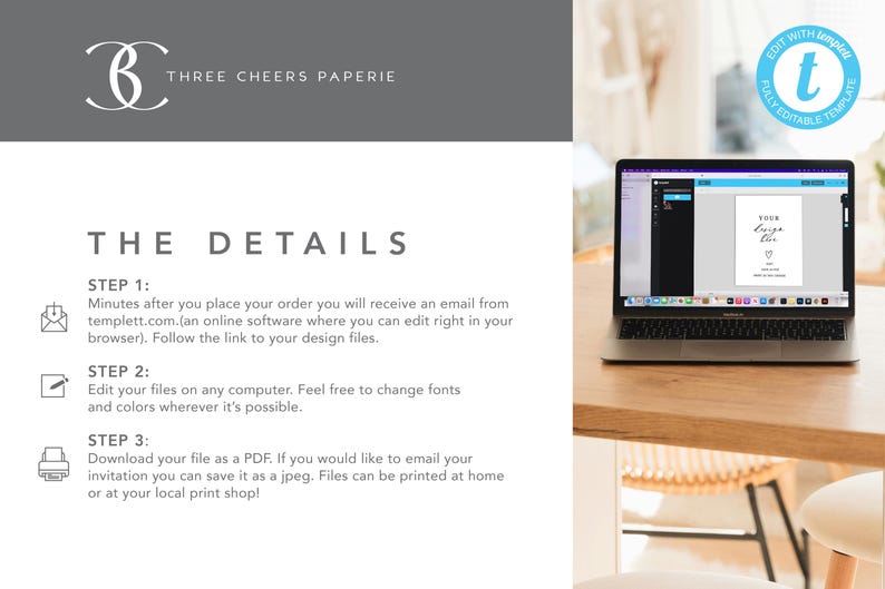May include: A laptop screen shows a digital template for a wedding invitation. The template is white with black text that says "Your Wedding Day". The text is in a simple, elegant font. The laptop is on a wooden table. The text on the screen says "Edit with Templett Fully Editable Template".