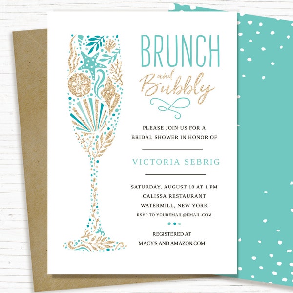 Beach Bridal Shower Invite, Beach Theme, Ocean Bridal Shower, Starfish, Turquoise, Gold, Printable Invitation, Template, Instant Download