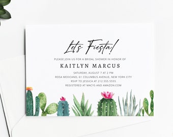 Può includere: Un invito a un addio al nubilato a tema cactus con il testo "Let's Fiesta!" e il nome della sposa "Kaitlyn Marcus". L'invito include la data, l'ora, il luogo, le informazioni RSVP e i dettagli del registro.