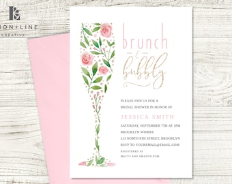 Brunch and Bubbly Bridal Shower Invitation Template, INSTANT DOWNLOAD, Pink Shower Invite, Wedding Shower,Printable, Floral Invite,Pink