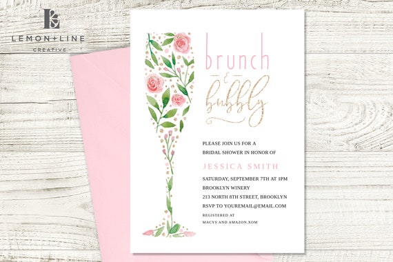 Brunch and Bubbly Bridal Shower Invitation Template, INSTANT DOWNLOAD, Champagne Shower Invite, Wedding Shower,Printable, Floral Invite,Pink Il_570xn