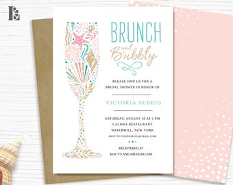Beach Bridal Shower Invite, Beach Theme, Ocean Bridal Shower, Pink, Turquoise, Gold, Printable Invitation, Template, Instant Download
