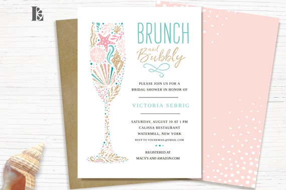 Beach Bridal Shower Invite, Beach Theme, Ocean Bridal Shower, Pink, Turquoise, Gold, Printable Invitation, Template, Instant Download Il_570xn