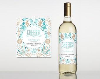 Beach Bridal Shower Wine Label, Beach Theme, Ocean Bridal Shower, Brunch and Bubbly, Turquoise, Printable ,Template