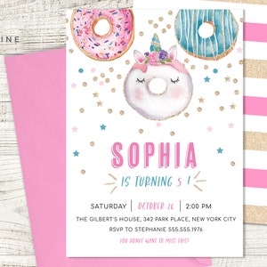Donut Birthday Party Invitation, Donut Invitation Instant Download, Unicorn Donut, Donut Theme, Girl, Editable, Printable + Digital Invite