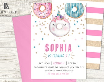 Donut Birthday Party Invitation, Donut Invitation Instant Download, Unicorn Donut, Donut Theme, Girl, Editable, Printable + Digital Invite