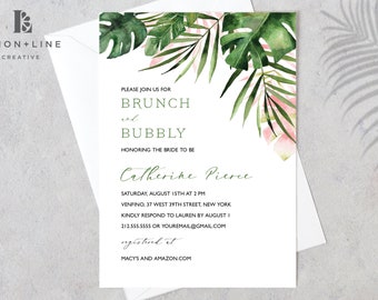 Convite para chá de panela tropical, modelo, convite com tema tropical, folhas de palmeira, rosa tropical, para impressão