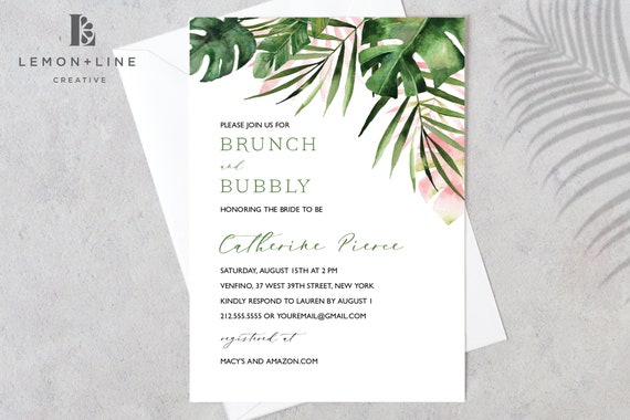 Tropical Bridal Shower Invite, Template, Tropical Theme Invite, Palm Leaves, Pink Tropical, Printable Il_570xn