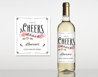 Rótulo de vinho para chá de panela brunch e espumante, rótulo de vinho para IMPRIMIR, rótulo de champanhe, DOWNLOAD INSTANTÂNEO, modelo, preto e branco, rosa blush