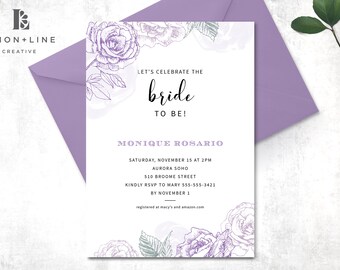 Download instantâneo de convite para chá de panela roxo, convite para chá de panela floral roxo, convite para chá de casamento, modelo, para impressão