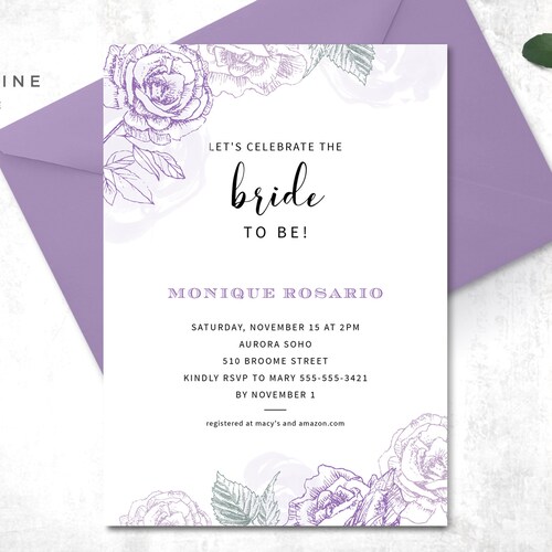 Purple Floral Bridal Shower Invitation Template. Lavender Gold Etsy