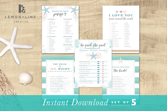 Beach Bridal Shower Games, Beach Theme Games Bundle, Nautical Shower Games, Seashell Games, Printable, Instant Download, He Said She Said Il_570xn