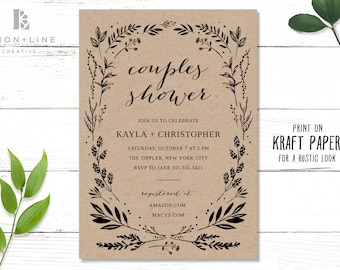 Convite para chá de panela para casais rústicos, convite para chá de casais para impressão, convite para vegetação, papel Kraft, DOWNLOAD INSTANTÂNEO