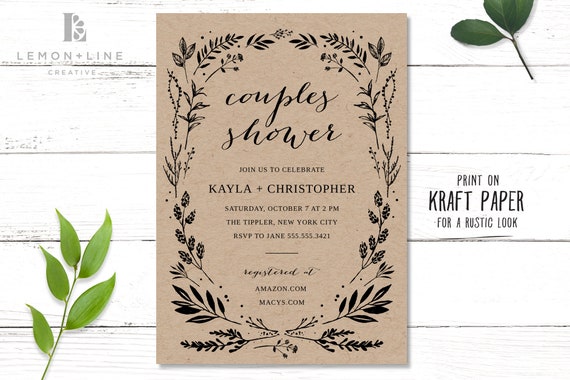 Rustic Couples Bridal Shower Invitation, Printable Couples Shower Invitation, Greenery Invitation, Kraft Paper, INSTANT DOWNLOAD Il_570xn