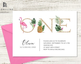 Convite de primeiro aniversário Flamingo, para impressão, convite tropical, convite de abacaxi, menina, Luau, DOWNLOAD INSTANTÂNEO, rosa, dourado, modelo