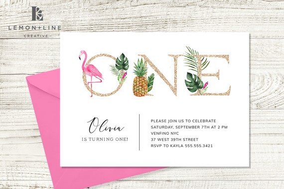 Flamingo First Birthday Invitation, Printable, Tropical Invitation,Pineapple Invitation, Girl, Luau, INSTANT DOWNLOAD, Pink, Gold,Template Il_570xn