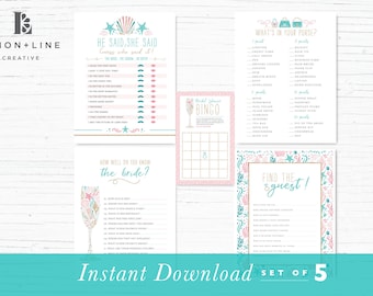 Jogos de chá de panela de praia, pacote de jogos temáticos de praia, jogos de chuveiro náutico, rosa, jogos de conchas, para impressão, download instantâneo,