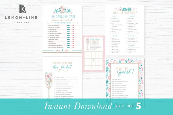 Beach Bridal Shower Games, Beach Theme Games Bundle, Nautical Shower Games, Pink, Seashell Games, Printable, Instant Download, Il_570xn