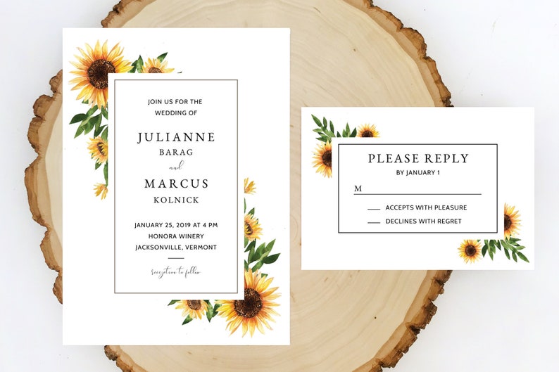 May include: Wedding invitation with sunflower floral design. The invitation reads "Join us for the wedding of Julianne Barag and Marcus Kolnick" with the date and location of the wedding. The RSVP card reads "Please reply by January 1" with options to accept or decline.