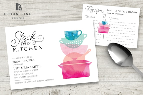 Stock the Kitchen Invitation, Kitchen Shower, Recipe Card,Printable Invitation,INSTANT DOWNLOAD, TEMPLATE, Bright, Recipe Invitation Il_570xn