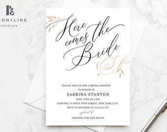 Modelo de convite para chá de panela, convite para impressão, convite para chá de ouro, preto e branco, download instantâneo, simples moderno, elegante,