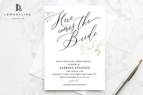 Bridal Shower Invitation Template, Printable Invitation, Gold Shower Invitation, Black and White, Instant Download, Simple Modern, Elegant, Il_570xn