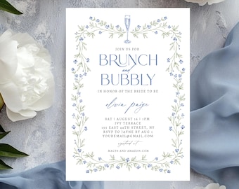 Modelo de convite para chá de panela em azul-poeira: convite para brunch e espumante, convite para chá de panela boho, floral vintage, download instantâneo