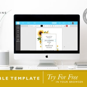 May include: A computer screen displaying a sunflower wedding invitation template with the text "Join us for the wedding of Julianne Barag & Marcus Kolnick". The template is editable and can be customized with your own details.