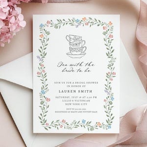 Tea Party Bridal Shower Invitation Template: Tea with the Bride to be, Hand drawn, Vintage Floral, Instant Download, Bridal Tea Party Invite