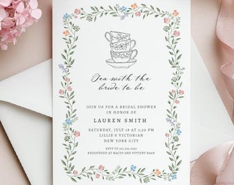 Convite para Chá de Panela com Tema de Festa do Chá: Chá com a Noiva, Desenho à Mão, Floral Vintage, Download Imediato