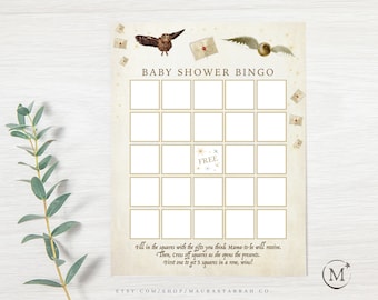 May include: A printable baby shower bingo card with a gold and white color scheme. The card features a golden owl, a golden snitch, and envelopes with stars. The text "BABY SHOWER BINGO" is at the top of the card. The text "FREE" is in the center square. The text "Fill in the squares with the gifts you think Mama-to-be will receive. Then, cross off squares as she opens the presents. First one to get 5 squares in a row, wins!" is at the bottom of the card.