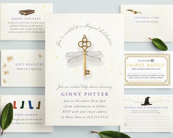 May include: A set of printable cards for a Harry Potter themed baby shower. The cards include a diaper raffle ticket, a gift registry card, a book request card, a free socks for a chance to win a prize card, a wishes for a charmed life card, and a main invitation card with a key and dragonfly design. The invitation card says "You're invited to a Magical Celebration" and "Join our virtual baby shower honoring Ginny Potter".