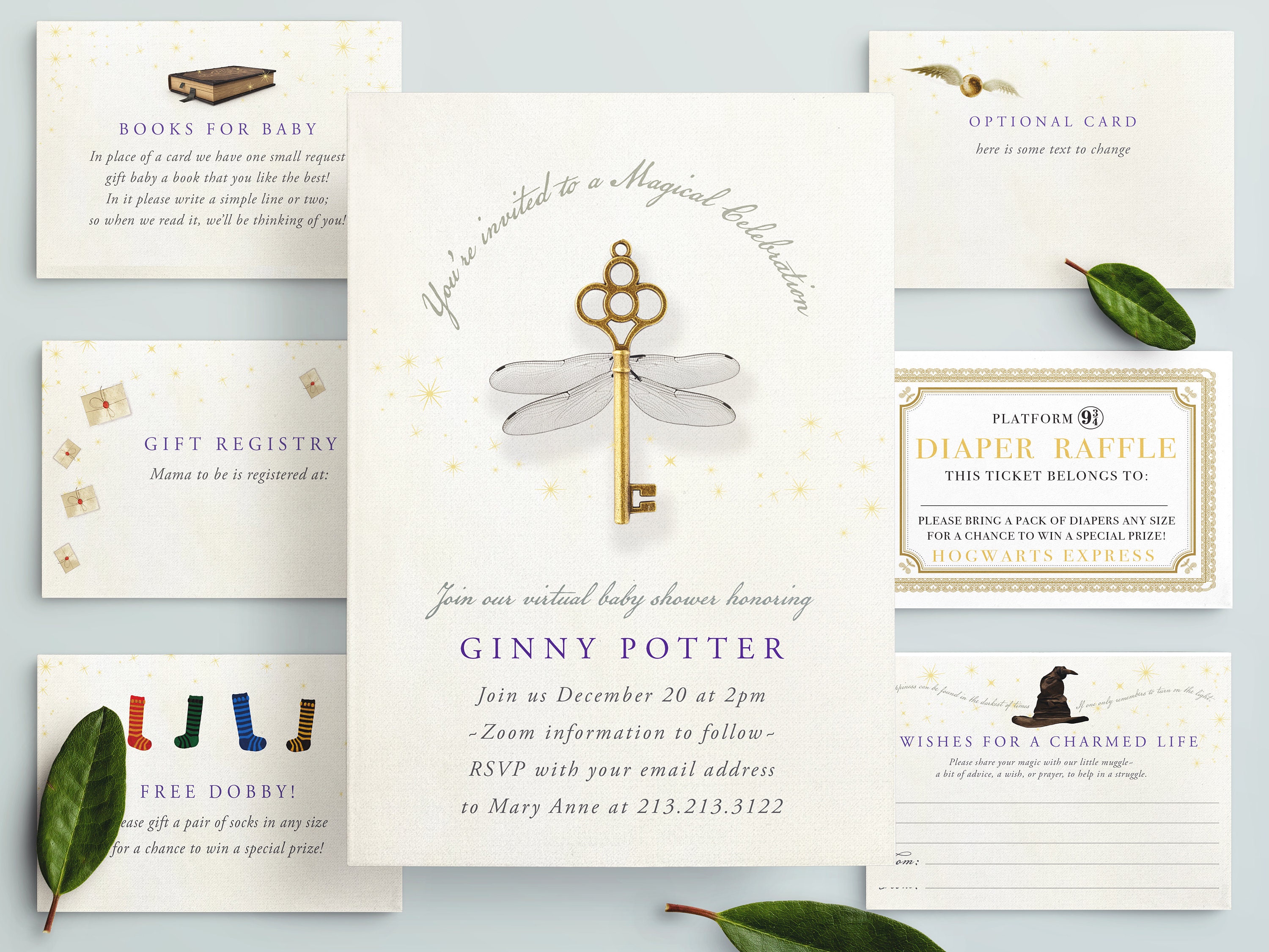 magical baby shower printable Invitation pack Flying Key Editable Customized Invite set Elegant wizard Baby Shower kit