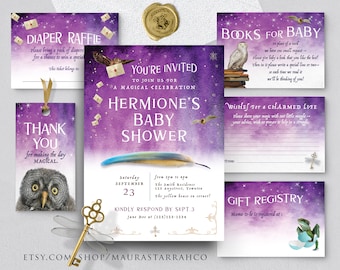 Invitaciones para Baby Shower de Magos / Elegante diseño mágico morado para imprimir (editable)