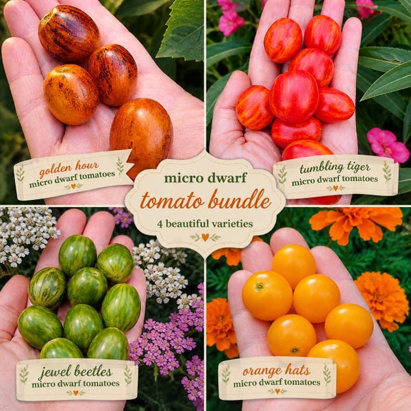 Micro Dwarf Tomato Seed Bundle – 4 Variety Pack: Golden Hour, Tumbling Tiger, Jewel Beetle, Orange Hat, Micro Container Patio Cherry Tomato