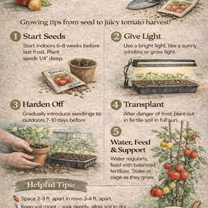 May include: Illustrated guide for planting tomatoes, featuring steps from starting seeds indoors to harvesting ripe tomatoes. Includes helpful tips for spacing, watering, and pruning. The image also features a packet of tomato seeds and a Monarch Darling's Heirloom Seeds logo.